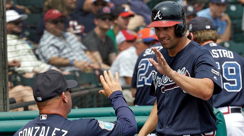 Atlanta Braves' Jeff Francoeur, right, gets a high-five from manager Fredi Gonzalez (33) after scoring a run in the fourth inning of a spring training baseball game, Friday, March 18, 2016, in Kissimmee, Fla. (AP Photo/John Raoux)