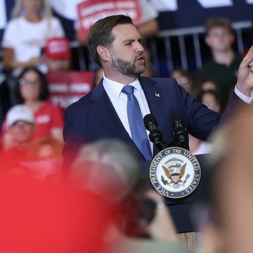 Vice President JD Vance speaks during a Republican National Committee's Midterm Rally at the Mid-America Center, Friday, Sept. 18, 2026 in Council Bluffs, Iowa. (Anna Moneymaker/Pool Photo via AP)