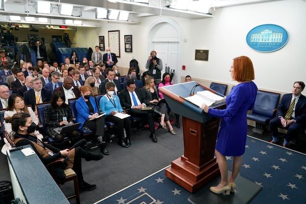 FILE - White House press secretary Jen Psaki speaks during a press briefing at the White House, April 1, 2022, in Washington. (AP Photo/Patrick Semansky, File)