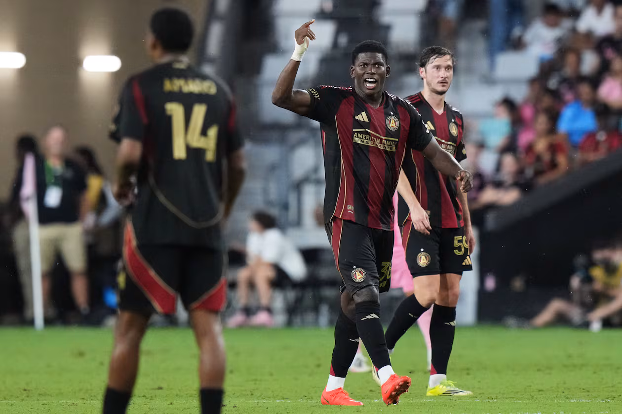 Atlanta United forward Breel Embolo celebrates after making a penalty kick against Inter Miami on Saturday, Sept. 5, 2026, in Miami. He became United’s ninth player to score in his first appearance with the club. (Lynne Sladky/AP)
