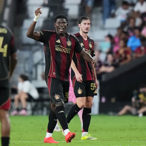 Atlanta United forward Breel Embolo celebrates after making a penalty kick against Inter Miami on Saturday, Sept. 5, 2026, in Miami. He became United’s ninth player to score in his first appearance with the club. (Lynne Sladky/AP)