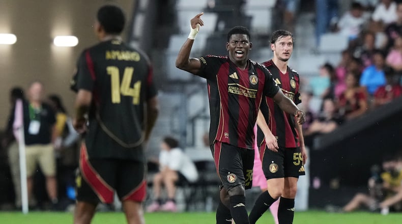 Atlanta United forward Breel Embolo celebrates after making a penalty kick against Inter Miami on Saturday, Sept. 5, 2026, in Miami. He became United’s ninth player to score in his first appearance with the club. (Lynne Sladky/AP)