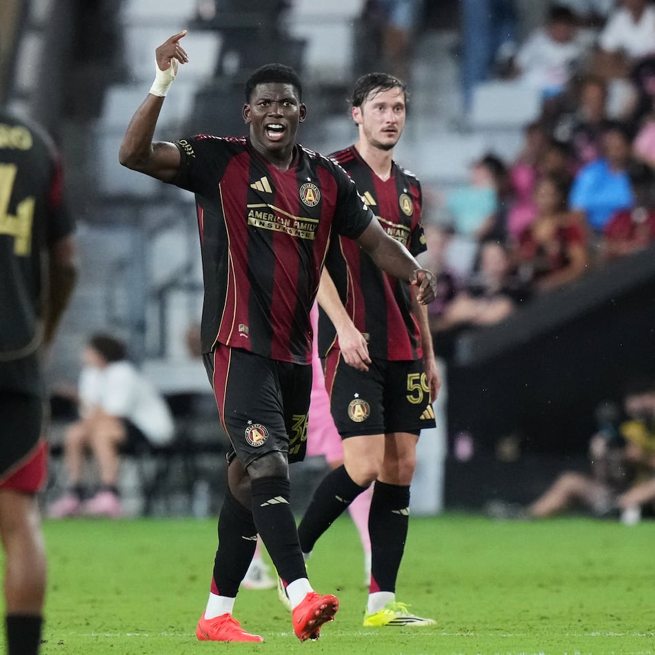 Atlanta United forward Breel Embolo celebrates after making a penalty kick during the second half of an MLS soccer match against Inter Miami, Saturday, Sept. 5, 2026, in Miami. (AP Photo/Lynne Sladky)