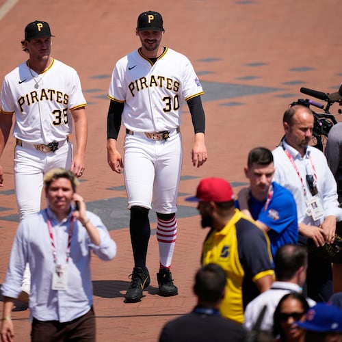 Pittsburgh Pirates' Braxton Ashcraft, left, and Paul Skenes arrive to speak with the media during the MLB baseball All-Star Week, Monday, July 13, 2026, in Philadelphia. (AP Photo/Matt Slocum)