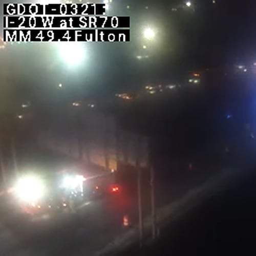 A crash involving a tractor-trailer blocks the eastbound lanes on I-20 just outside Atlanta on Monday, Nov. 17, 2025. (Georgia Department of Transportation)