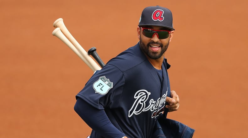 Braves left fielder Matt Kemp has been the first in the batting cage and the last to leave the field most days this spring, manager Brian Snitker said. (Curtis Compton/ccompton@ajc.com)