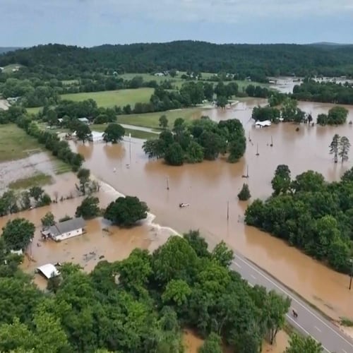 This image made from video provided by KTVI shows flash flooding in Lesterville, Mo., Friday, July 10, 2026. (KTVI via AP)