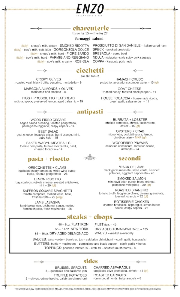 The dinner menu for Enzo Steakhouse and Bar.