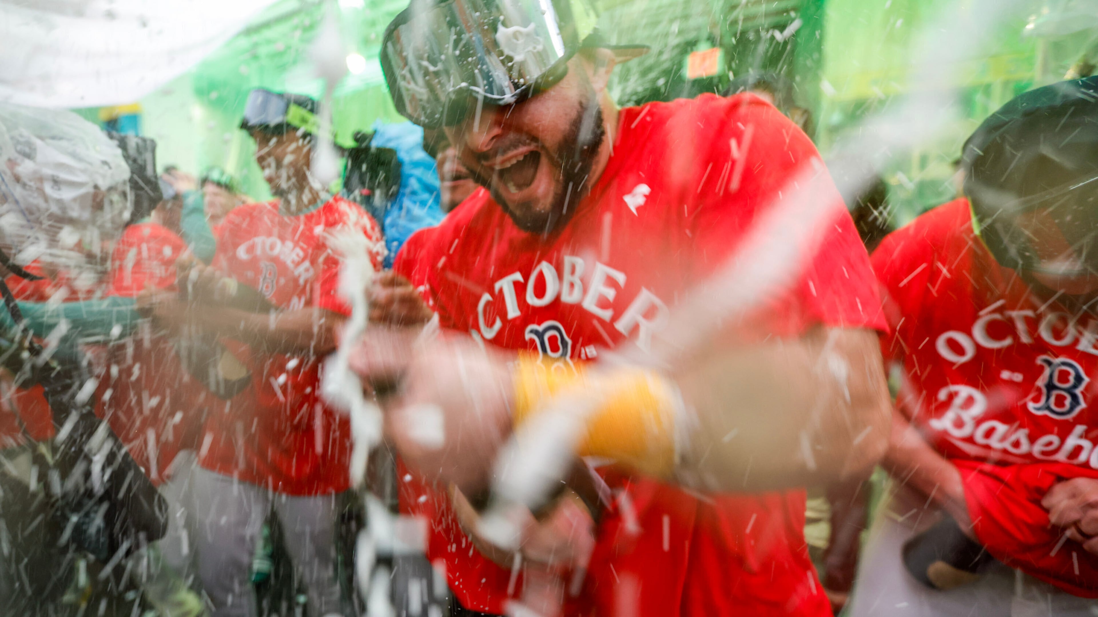 Boston Red Sox outfielder Wilyer Abreu celebrates with teammates after defeating the Detroit Tigers in a baseball game to advance to the post season, Friday, Sept. 26, 2025, in Boston. (AP Photo/Greg M. Cooper)