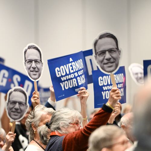 FILE - The crowd reacts to Pennsylvania Gov. Josh Shapiro while he speaks at a Centre County Democratic Party event at the Penn Stater hotel, April 11, 2026, in State College, Pa. (AP Photo/Marc Levy, File)
