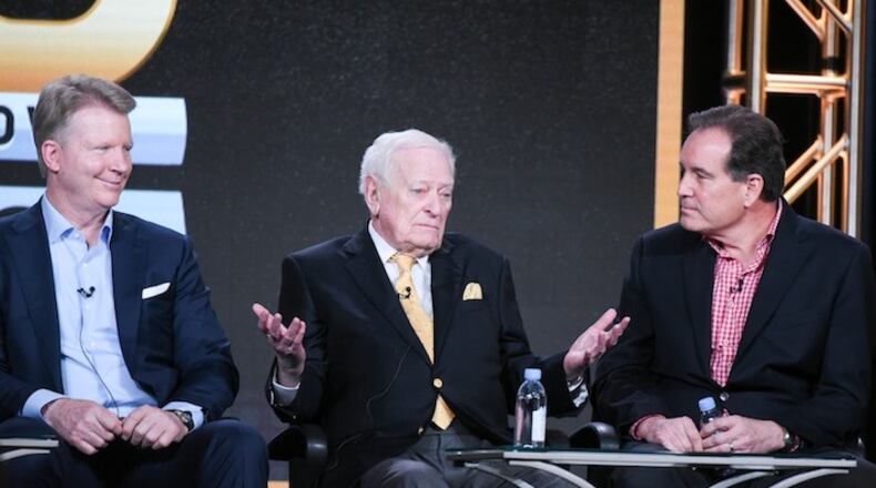 Sportscasters Phil Simms, from left, Jack Whitaker and Jim Nantz participate in the "CBS Sports" panel at the CBS 2016 Winter TCA on Tuesday, Jan. 12, 2016, in Pasadena, Calif. (Photo by Richard Shotwell/In vision/AP)