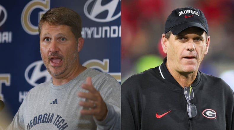Georgia Tech offensive coordinator Buster Faulkner, left, and Georgia offensive Coordinator Mike Bobo, right, both have sons (Harrison and Jake) playing for Athens area football teams. The Georgia-Georgia Tech football game falls at the same time as the GHSA high school football playoff games for their sons.