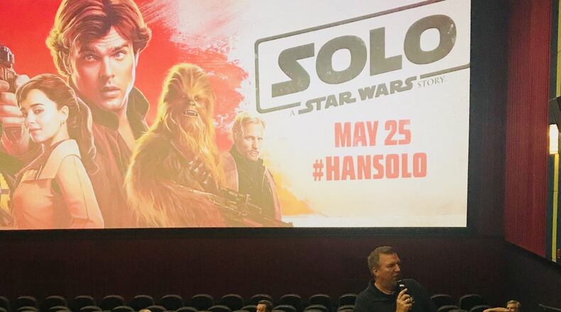 Steve Craig, morning host for 97.1 The River, handed out T-shirts and quizzed fans before Monday's advanced screening. CREDIT: Stephanie Toone