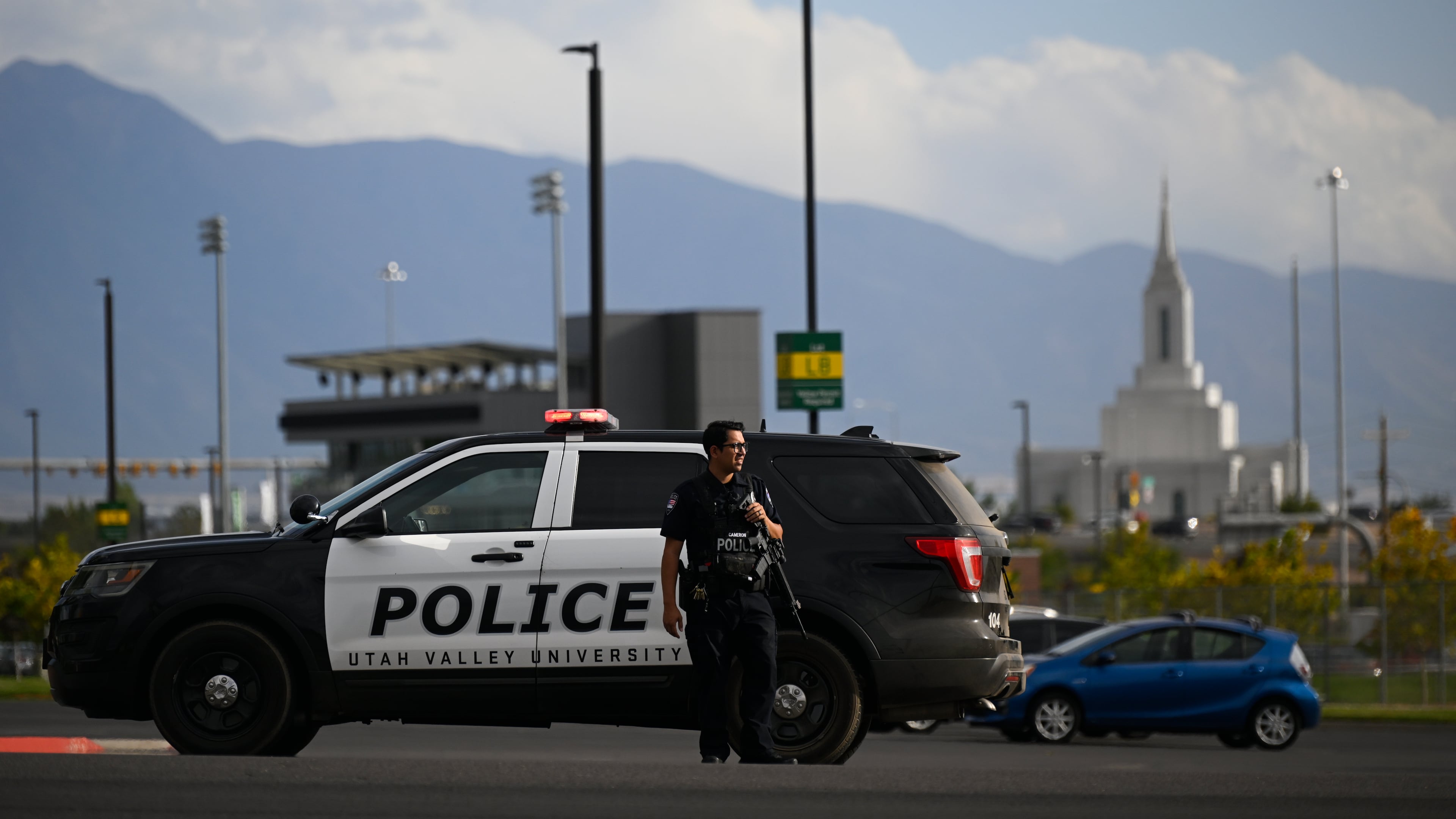 A law enforcement officer stands outside Utah Valley University on Wednesday, Sept. 10, 2025, in Orem, Utah. (AP Photo/Alex Goodlett)