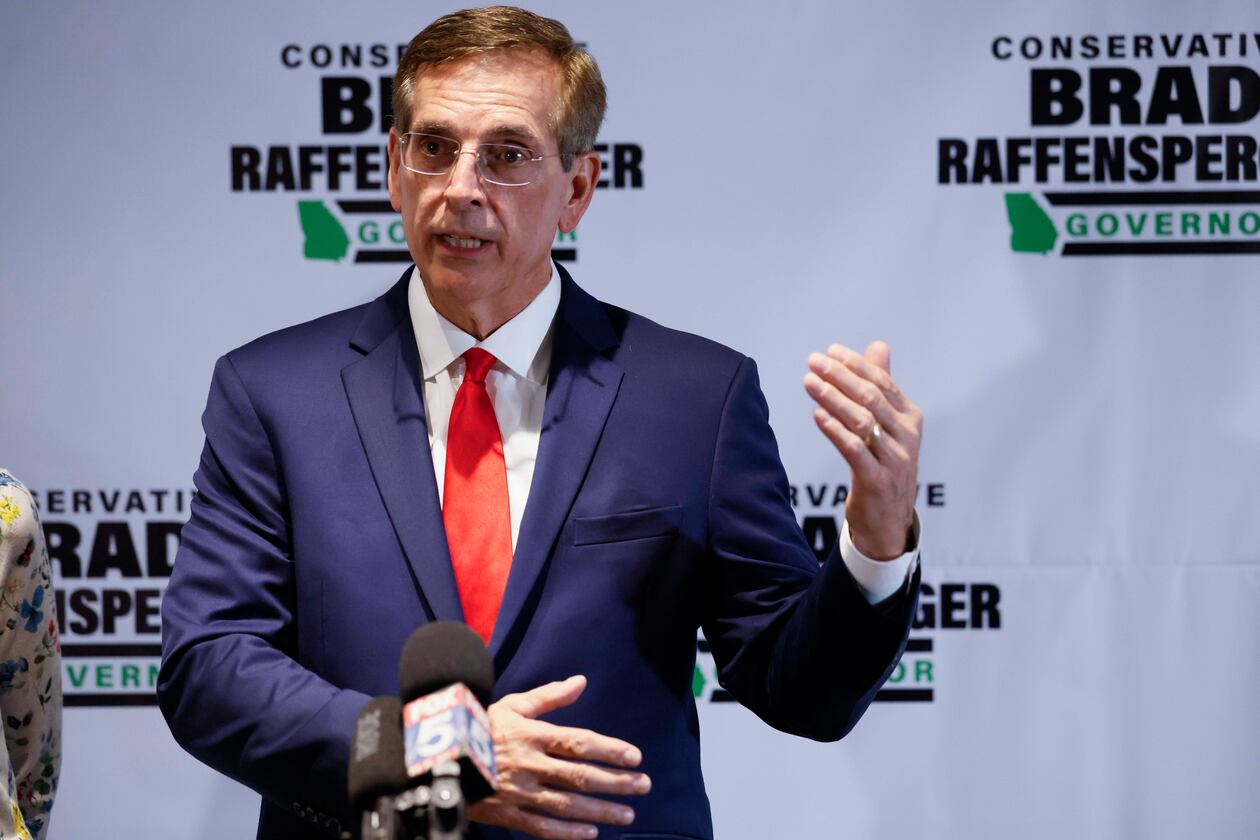 Georgia Secretary of State Brad Raffensperger delivers his concession speech in May. Raffensperger placed a distant third in the state’s primary race for governor, missing a runoff. (Miguel Martinez/AJC)
