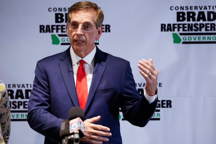 Georgia Secretary of State Brad Raffensperger delivers his concession speech in May. Raffensperger placed a distant third in the state’s primary race for governor, missing a runoff. (Miguel Martinez/AJC)