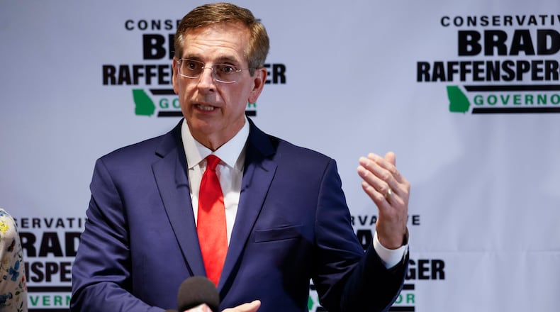 Georgia Secretary of State Brad Raffensperger delivers his concession speech in May. Raffensperger placed a distant third in the state’s primary race for governor, missing a runoff. (Miguel Martinez/AJC)