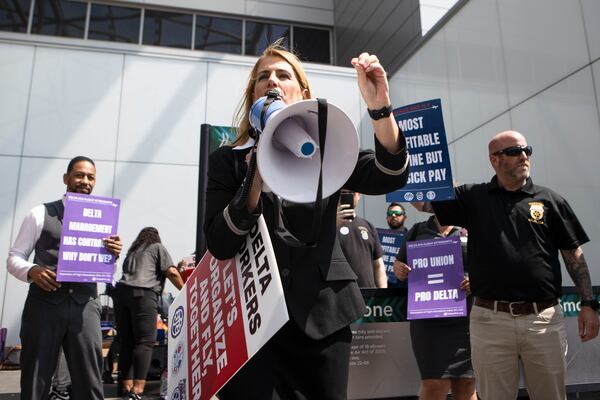 Sara Nelson, president of the AFA, speaks during a pro-union rally for Delta flight attendants on Thursday, March 25, 2023, at Hartsfield-Jackson Atlanta International Airport. (Christina Matacotta for the AJC)
