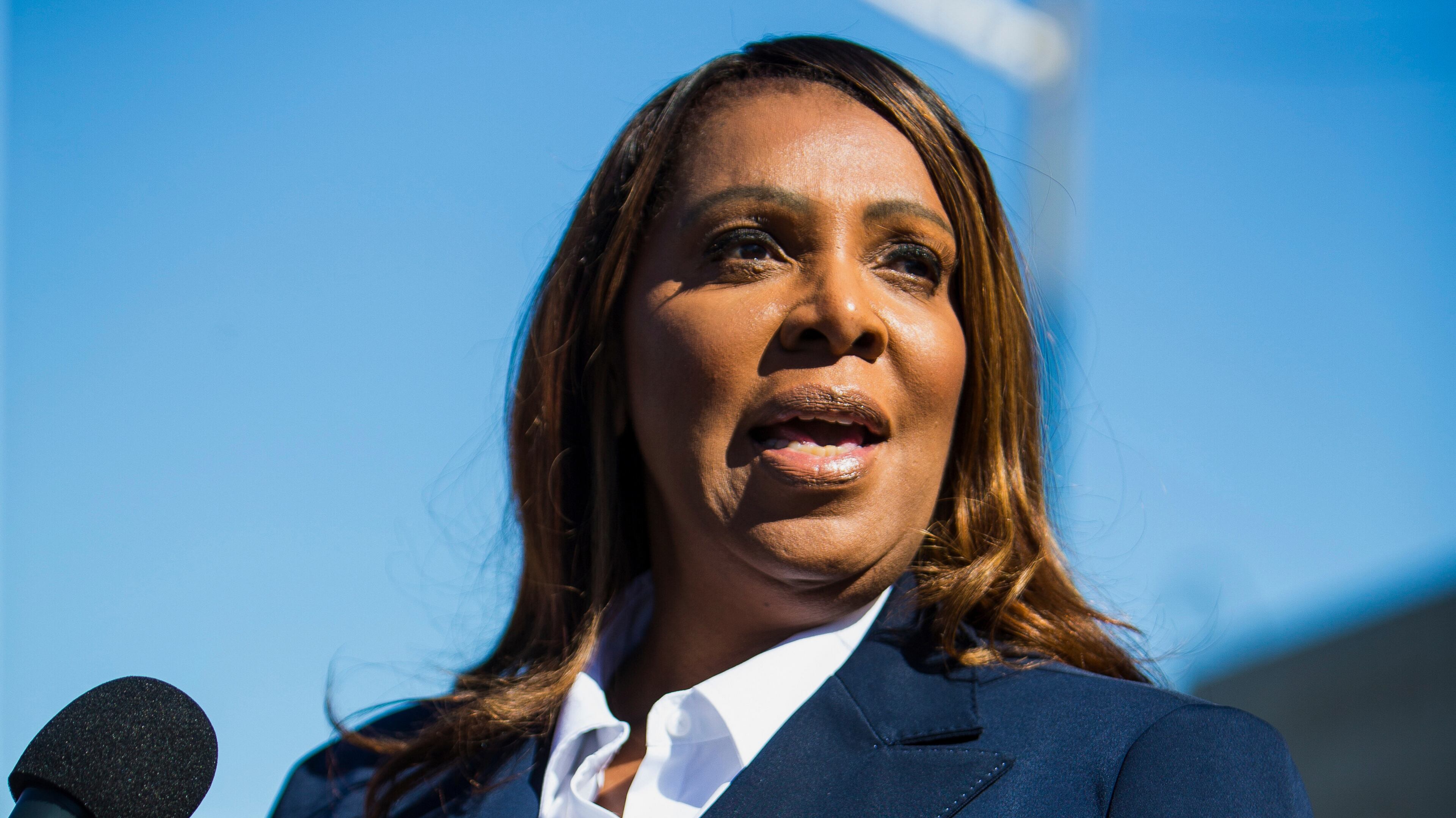FILE - New York Attorney General, Letitia James, speaks after pleading not guilty outside the United States District Court Oct. 24, 2025, in Norfolk, Va. (AP Photo/John Clark, File)
