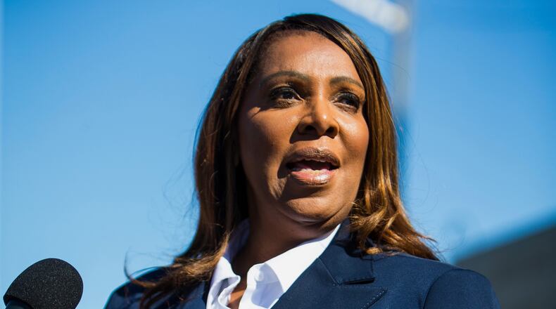 FILE - New York Attorney General, Letitia James, speaks after pleading not guilty outside the United States District Court Oct. 24, 2025, in Norfolk, Va. (AP Photo/John Clark, File)