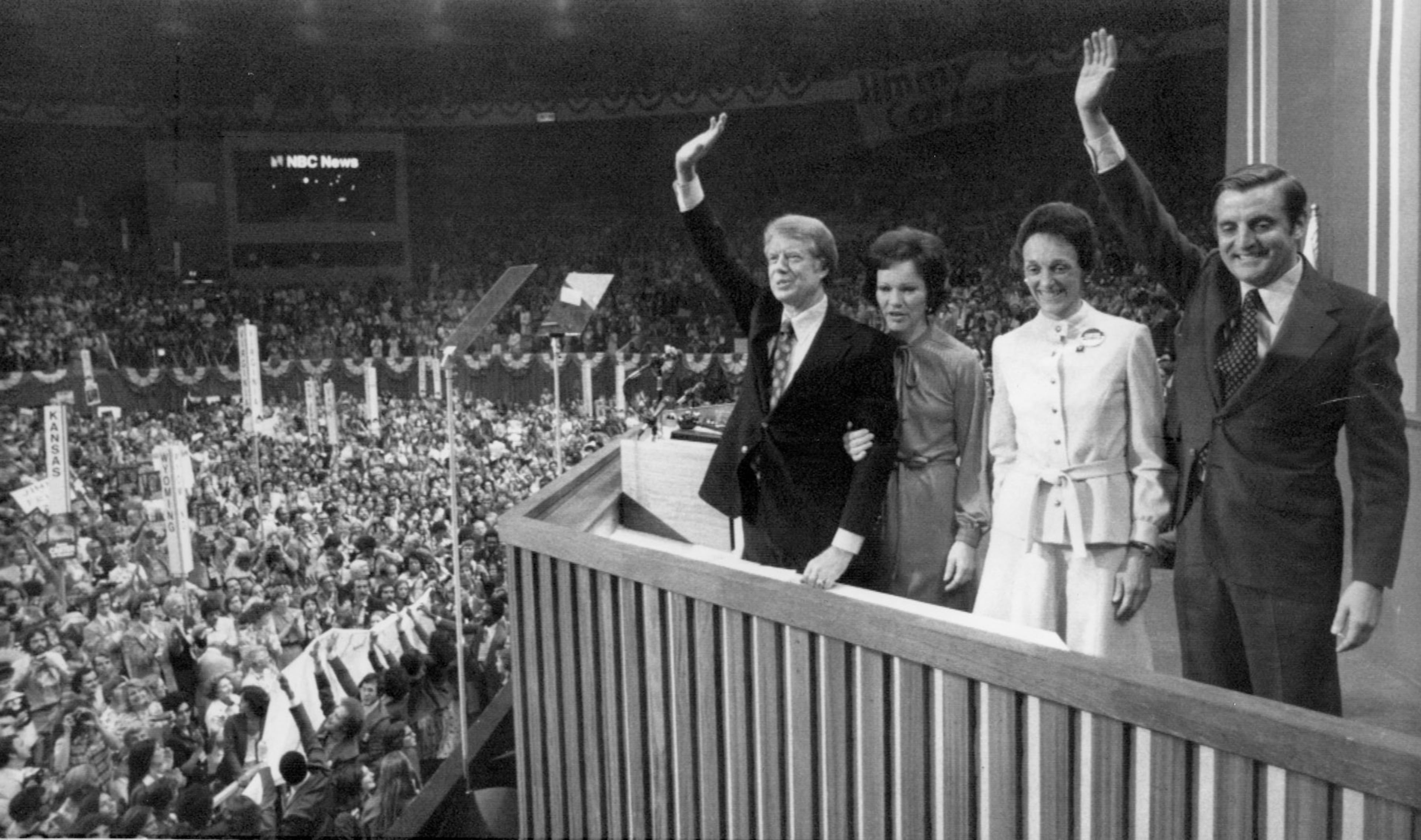 Jimmy and Rosalyn Carter (left) of Georgia and Walter and Joan Mondale of Minnesota, the presidential and vice-president nominees, wave to supporters at 1976 Democratic National Convention in New York City.