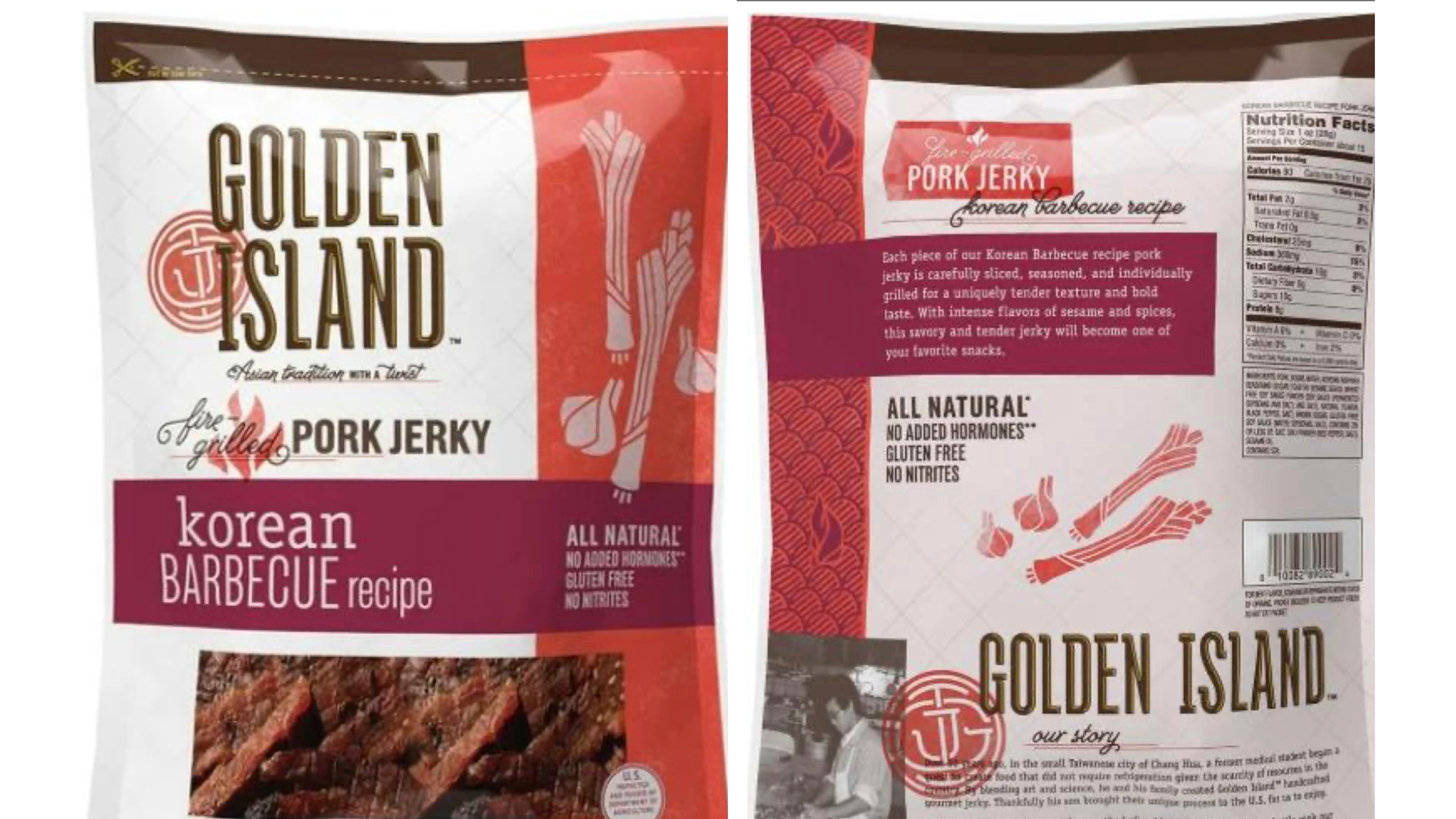 This combination of images provided by the U.S. Department of Agriculture shows packaging for Korean barbecue pork jerky sold at Costco and Sam's Club stores which was recalled because the product may be contaminated with pieces of metal, the USDA said Friday, Oct. 24, 2025. (USDA via AP)