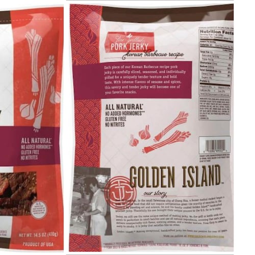 This combination of images provided by the U.S. Department of Agriculture shows packaging for Korean barbecue pork jerky sold at Costco and Sam's Club stores which was recalled because the product may be contaminated with pieces of metal, the USDA said Friday, Oct. 24, 2025. (USDA via AP)