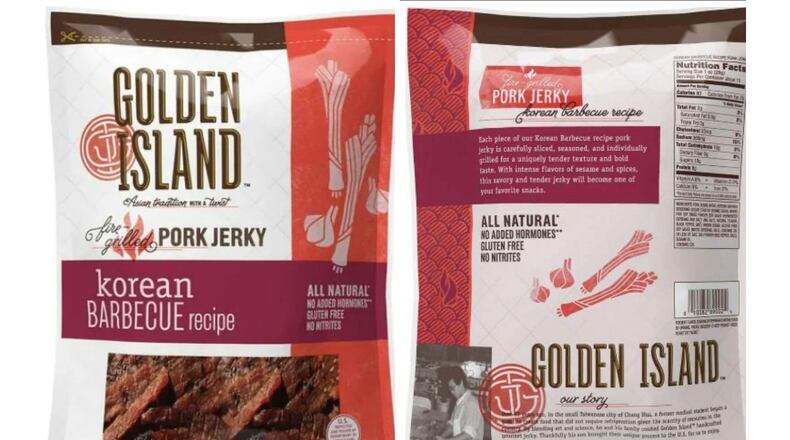 This combination of images provided by the U.S. Department of Agriculture shows packaging for Korean barbecue pork jerky sold at Costco and Sam's Club stores which was recalled because the product may be contaminated with pieces of metal, the USDA said Friday, Oct. 24, 2025. (USDA via AP)