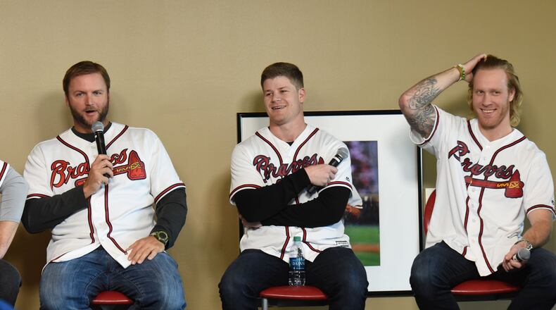 Mike Foltynewicz (right) took part in a roundtable session at Braves FanFest on Saturday. He was joined by A.J. Pierzynski (left) and Gordon Beckham. Foltynewicz is recovering from September surgery to remove part of a rib after blood clots were found in his arm. HYOSUB SHIN / HSHIN@AJC.COM