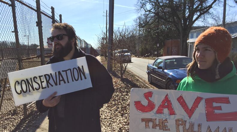 Two of the residents who on Tuesday protested a state of Georgia plan to sell Pullman Yard in Atlanta’s Kirkwood neighborhood. Leon Stafford / lstafford@ajc.com