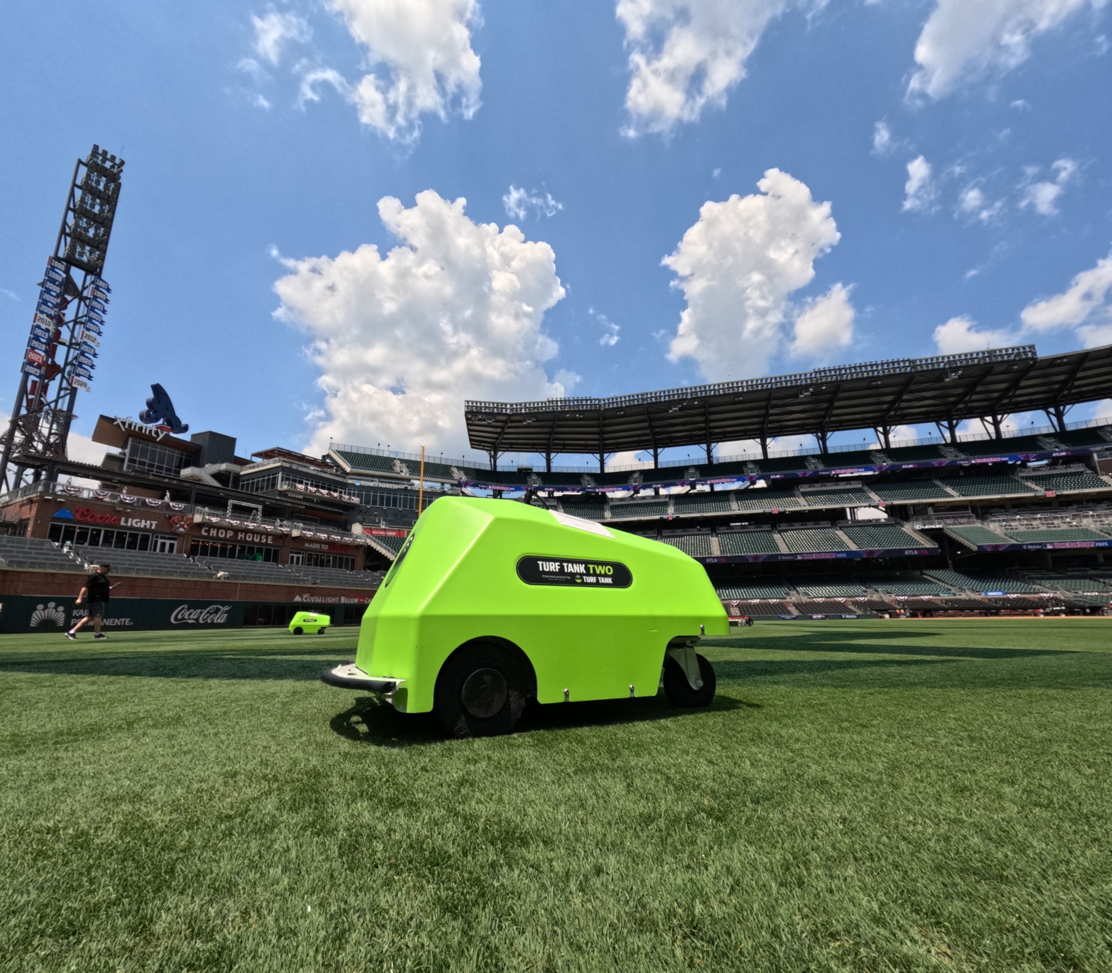 One of the field-painting robots used by Marietta-based company Turf Tank takes a breather at Truist Park.