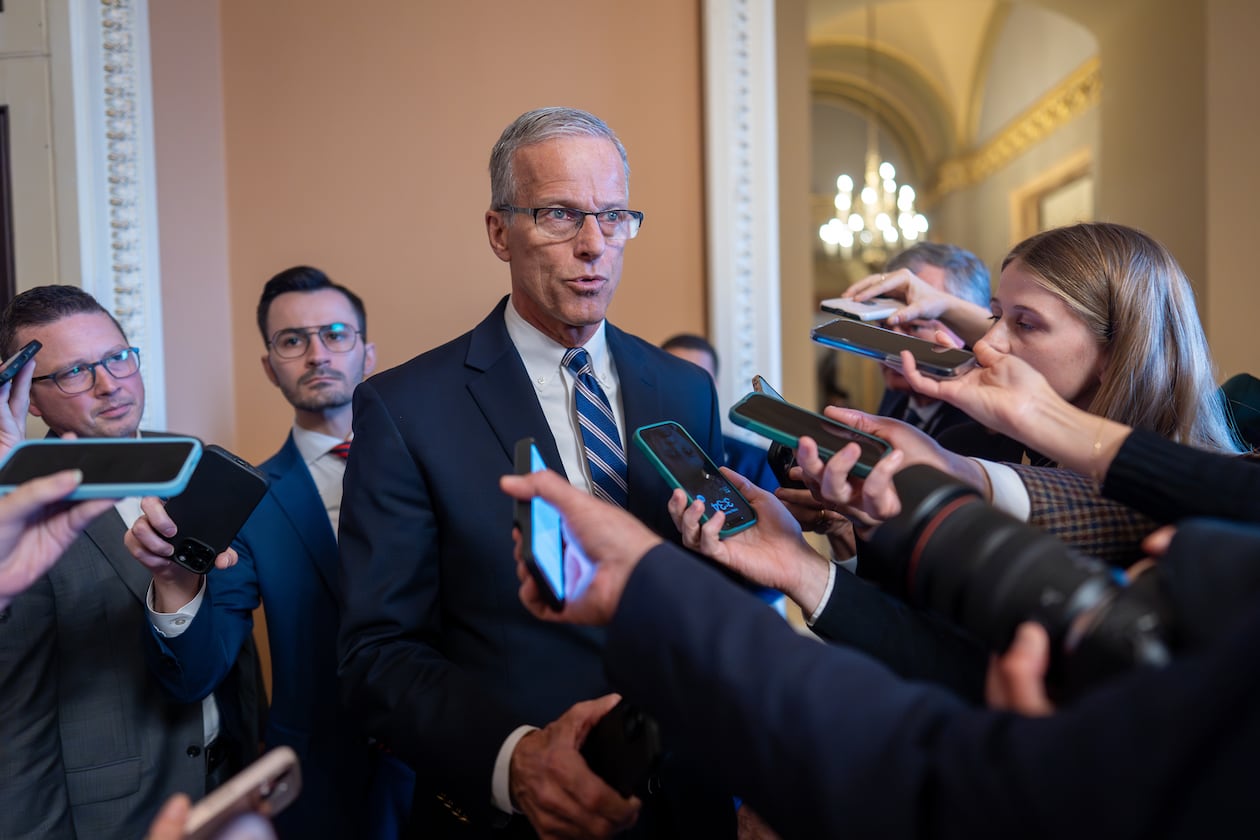 Speaking to reporters, Senate Majority Leader John Thune, R-S.D., responds to Senate Democratic Leader Chuck Schumer to reopen the government if Republicans extend expiring health care subsidies for one year, at the Capitol in Washington, Friday, Nov. 7, 2025, day 38 of the government shutdown. (AP Photo/J. Scott Applewhite)