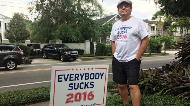 Donn (spelling is correct) Carr, a resident of College Park, has posted a sign that's emblematic of the dissatisfaction many voters have with the two prospective major party presidential candidates. (Steven Lemongello/Orlando Sentinel/TNS)