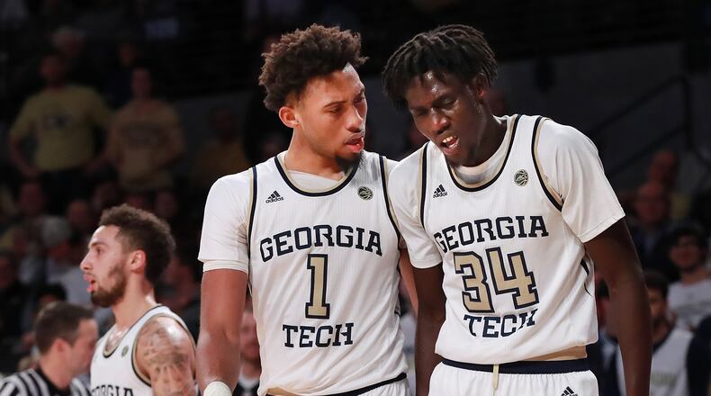 Georgia Tech forwards James Banks (1) and Abdoulaye Gueye (34) shot a combined 3-for-16 against Florida State on Saturday. Curtis Compton/ccompton@ajc.com