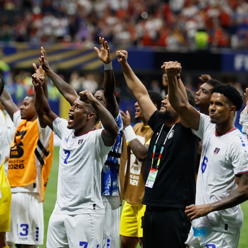 Cape Verde players celebrate after the World Cup Group H soccer match between Spain and Cape Verde in Atlanta, Monday, June 15, 2026. (AP Photo/Erik S. Lesser)