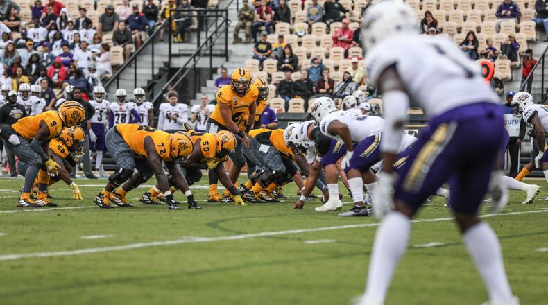 Kennesaw State Owls quarterback Daniel David (2) calls a play at the line against North Alabama Saturday, Oct. 26, 2019, at Fifth Third Bank Stadium in Kennesaw.