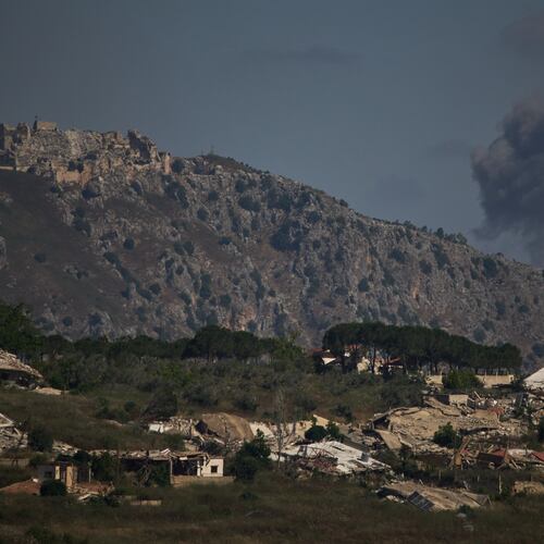 Smoke rises to the sky in an area near Beaufort Castle following an Israeli military strike in southern Lebanon as seen from northern Israel, Friday, June 19, 2026. (AP Photo/Leo Correa)