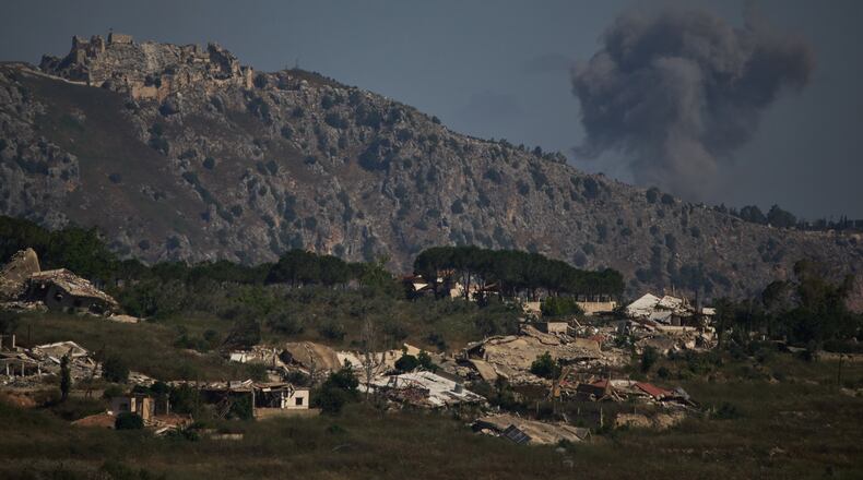 Smoke rises to the sky in an area near Beaufort Castle following an Israeli military strike in southern Lebanon as seen from northern Israel, Friday, June 19, 2026. (AP Photo/Leo Correa)