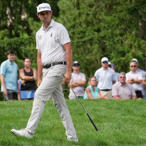 J.T. Poston reacts to his chip shot onto the sixth green during the third round of the Memorial golf tournament, in Dublin, Ohio, Saturday, June 6, 2026. (AP Photo/Sue Ogrocki)
