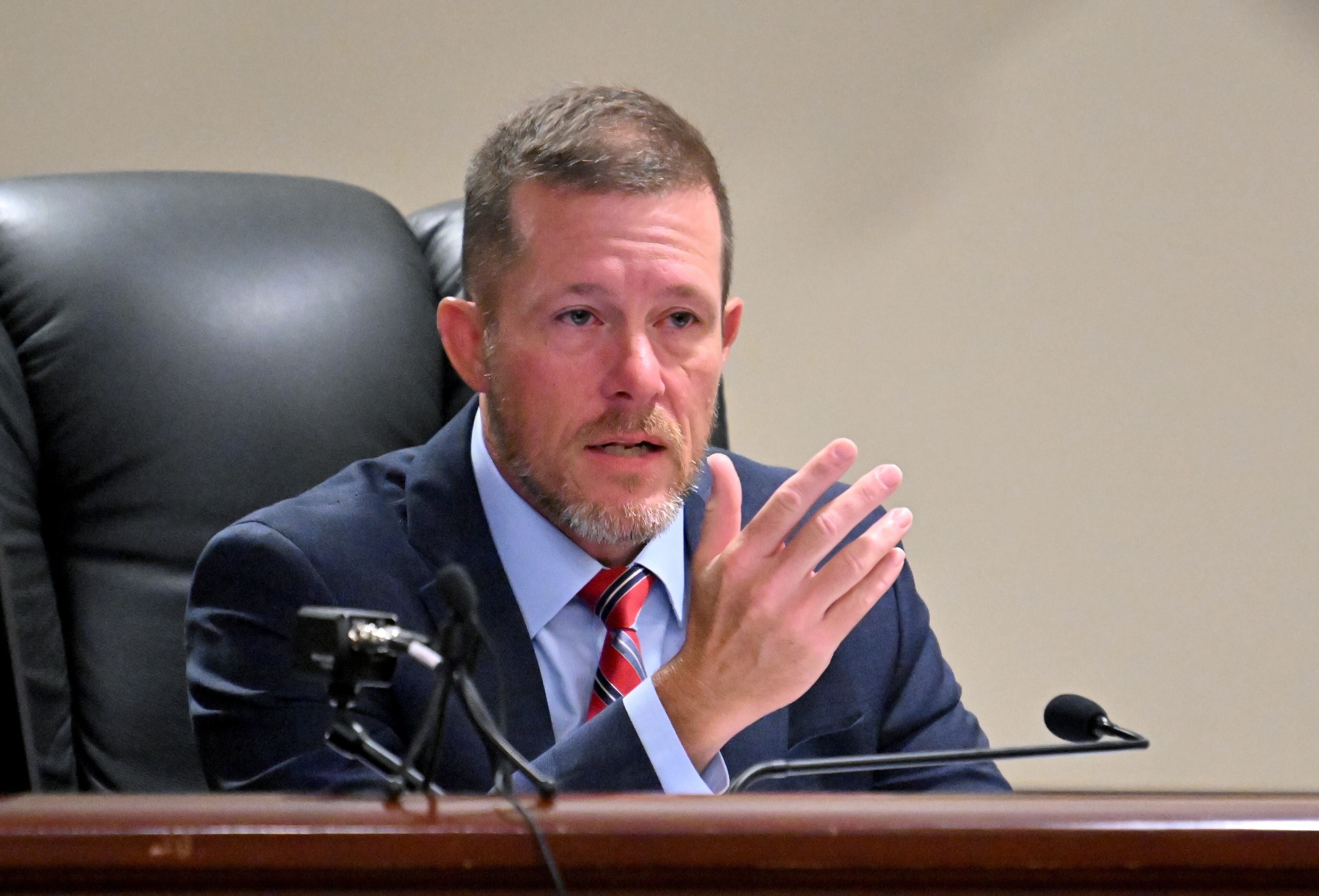 Barrow County Superior Court Judge Nicholas Primm speaks during a court hearing of Colin Gray, the father of Apalachee High School shooting suspect Colt Gray, at the Barrow County courthouse, Wednesday, July 23, 2025, in Winder. Two scheduled murder trials in Fulton County have forced a Barrow County Superior Court judge to delay the trial against the father of the Apalachee High School shooting suspect. (Hyosub Shin/AJC)