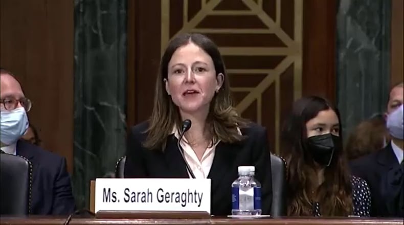 Sarah Elisabeth Geraghty, a nominee for U.S. District Judge for the Northern District of Georgia, speaks at a Senate Judiciary Committee nomination hearing on Dec. 1, 2021. (YouTube)