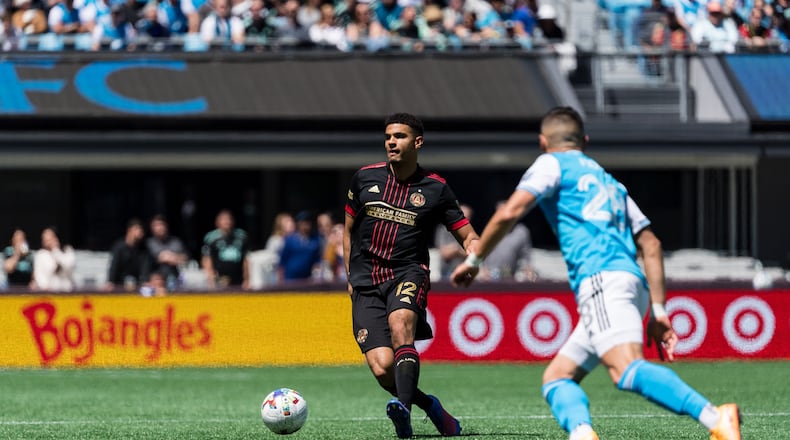 Atlanta United defender Miles Robinson (12) passes the ball during the match against Charlotte FC at Bank of America Stadium in Charlotte, United States on Sunday April 10, 2022. (Photo by Dakota Williams/Atlanta United)