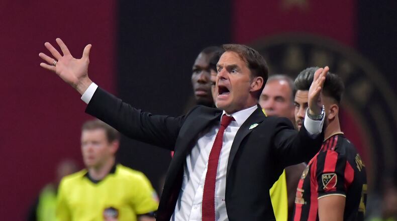 October 19, 2019 Atlanta - Atlanta United head coach Frank de Boer reacts in the second half during the first round of the MLS playoffs at Mercedes-Benz Stadium on Saturday, October 19, 2019. Atlanta United won 1-0 over the New England Revolution. (Hyosub Shin / Hyosub.Shin@ajc.com)