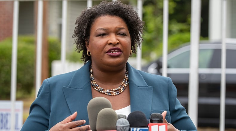 Stacey Abrams talks at a press conference at Israel Baptist Church in Atlanta Tuesday, May 23, 2022. (Steve Schaefer / steve.schaefer@ajc.com)