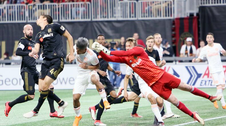 April 7, 2018. Los Angeles goal keeper Tyler Miller rejects a opportunity to Atlanta United Josef Martinez.rejects a