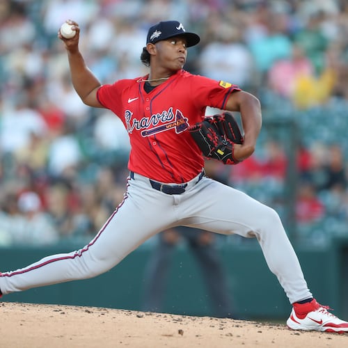 Braves pitcher Didier Fuentes throws to an Athletics batter on Tuesday, July 8, 2025, in West Sacramento, Calif. The club optioned Fuentes to Triple-A Gwinnett, hoping the move allows him to continue his development in a less stressful situation. (Scott Marshall/AP)