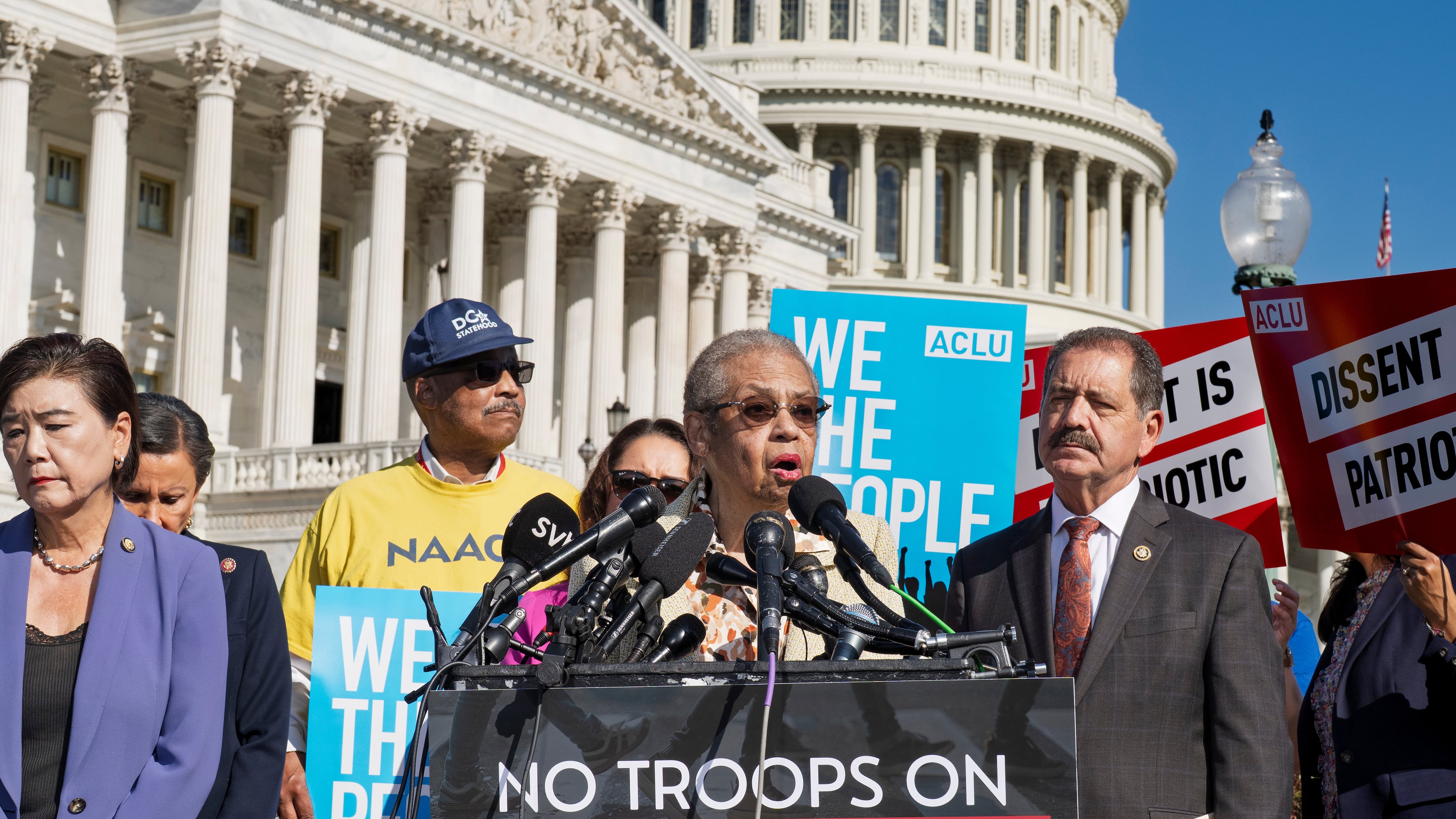 FILE - Del. Eleanor Holmes Norton, D-D.C., center, is joined by Rep. Judy Chu, D-Calif., far left, and Rep. Jesus Garcia, D-Ill., right, at a new conference opposing President Trump's deployment of National Guard troops and federal law enforcement officers to combat crime on the streets of Chicago, Baltimore, and other American cities, at the Capitol in Washington, Sept. 3, 2025. (AP Photo/J. Scott Applewhite, File)