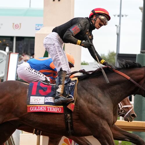 Golden Tempo (19) ridden by Jose L. Ortiz wins the 152nd running of the Kentucky Derby horse race at Churchill Downs, Saturday, May 2, 2026, in Louisville, Ky. (AP Photo/Jeff Roberson)