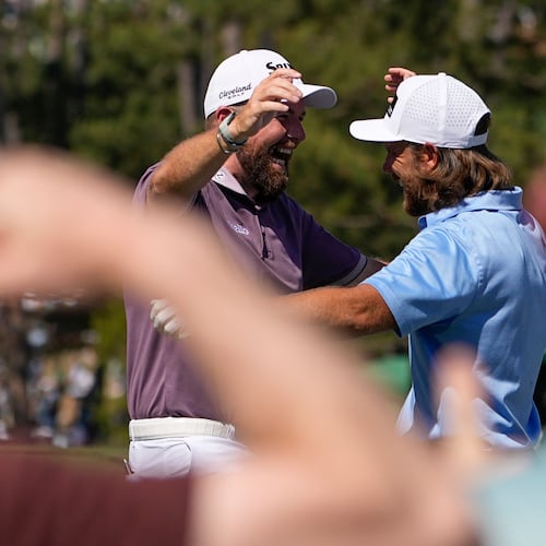 Shane Lowry, of Ireland, waves after a hole-in-one on the sixth hole during the third round of the Masters golf tournament at the Augusta National Golf Club, Saturday, April 11, 2026, in Augusta, Ga. (AP Photo/Ashley Landis)