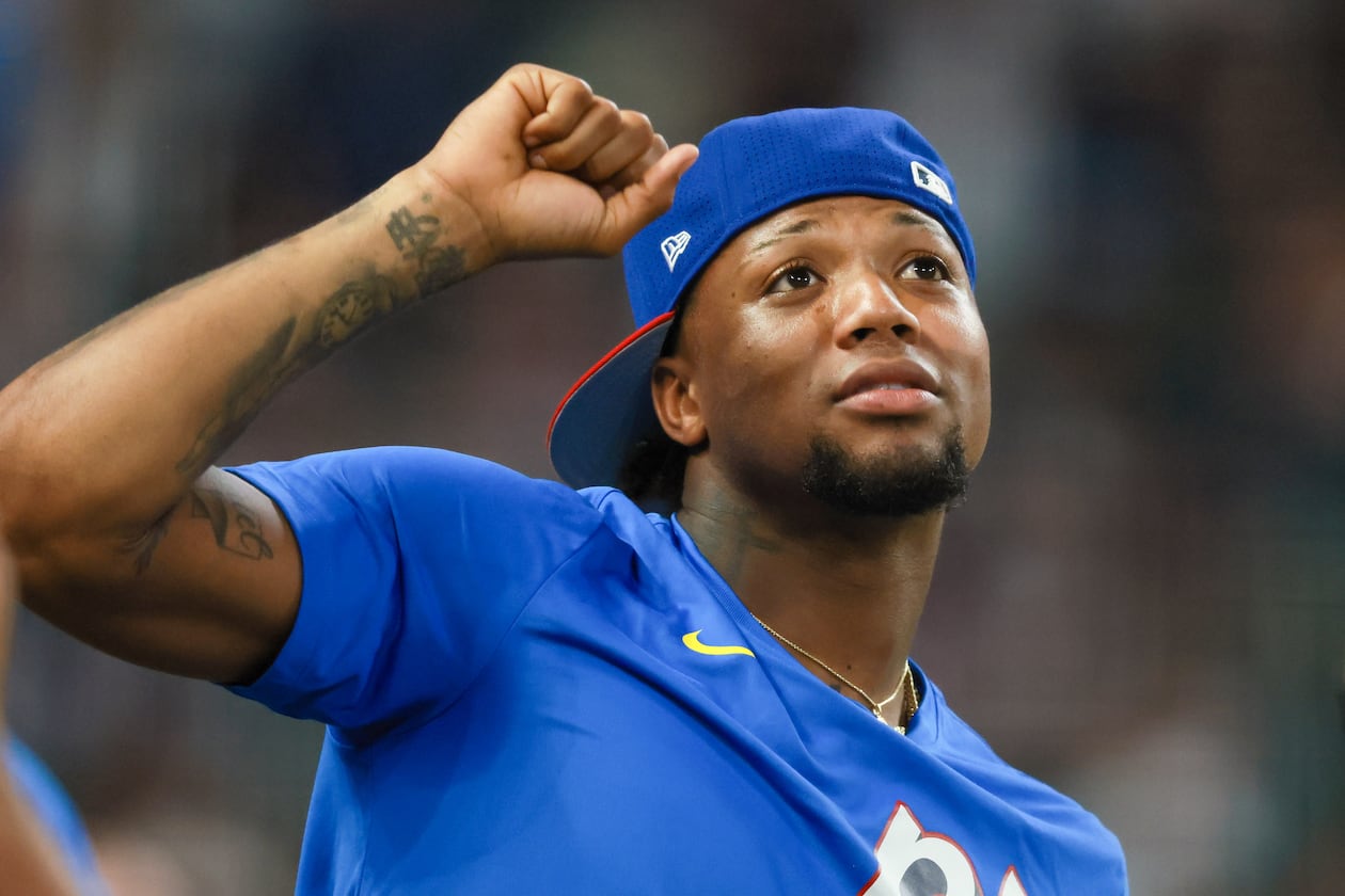 Atlanta Braves' Ronald Acuna Jr. cheers on teammate Matt Olson during the MLB Home Run Derby as part of the All-Star Game festivities on Monday, July 14, 2025, at Truist Park in Atlanta.  (Jason Getz/AJC)